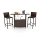 Outdoor wicker bar set featuring a bar table with stemware racks and two high stools, perfect for poolside relaxation.